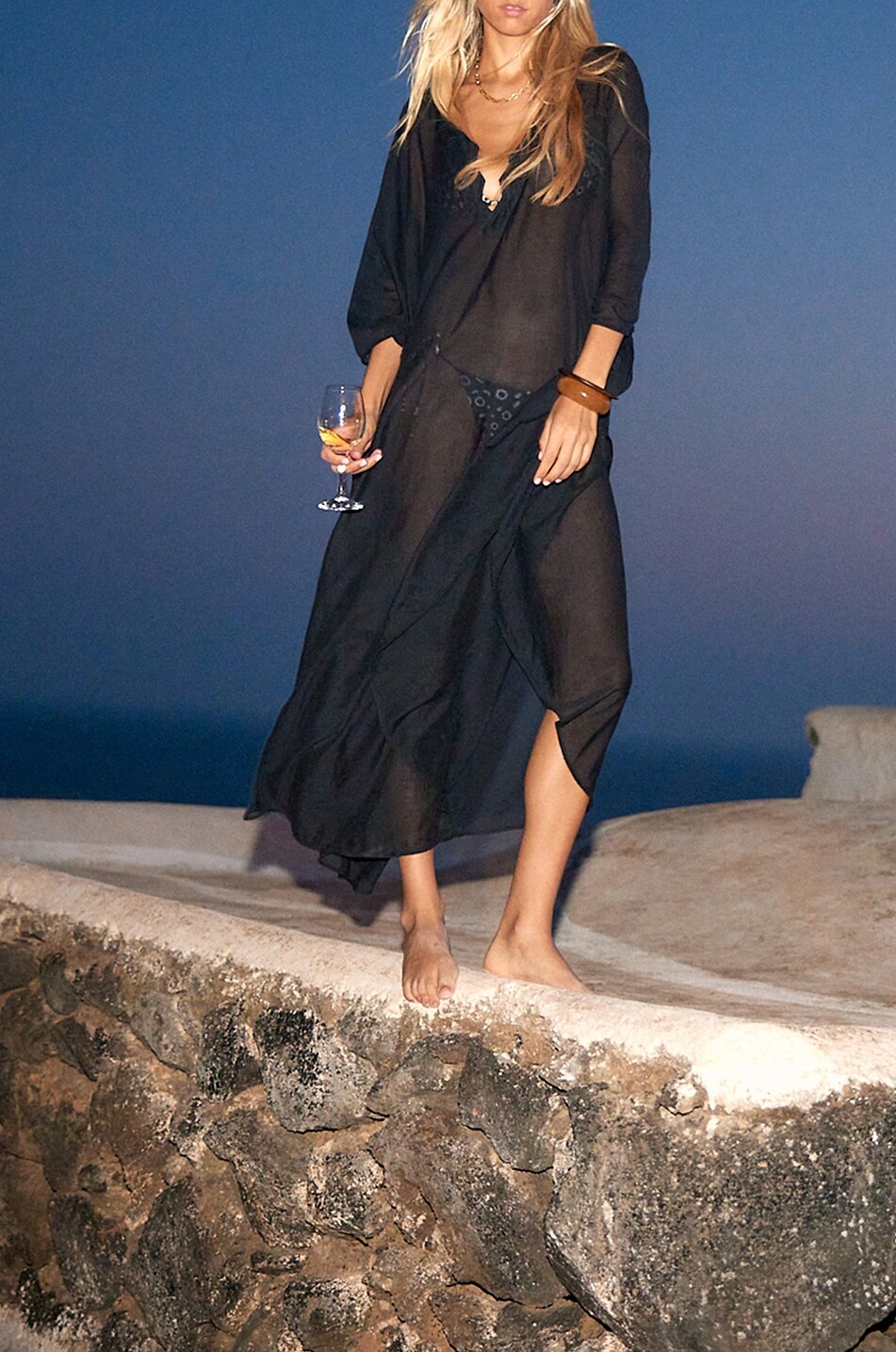 FISCH Caftan long à col V en coton et soie Thalassa Femme NOIR 2