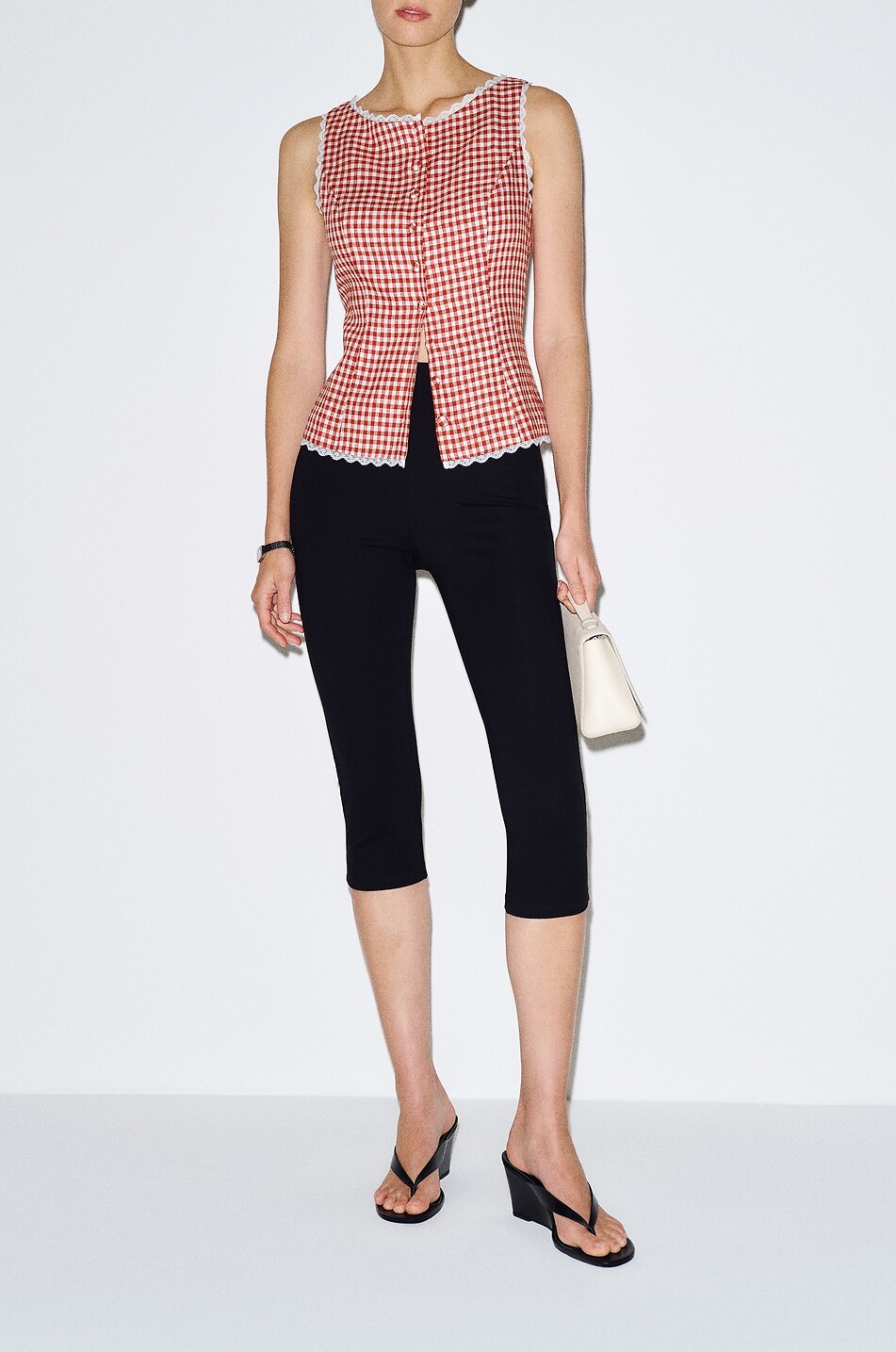 REFORMATION Top sans manches à carreaux vichy en lin et dentelle Amela Femme ROUGE 2