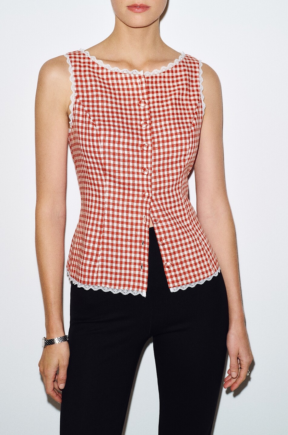REFORMATION Top sans manches à carreaux vichy en lin et dentelle Amela Femme ROUGE 5