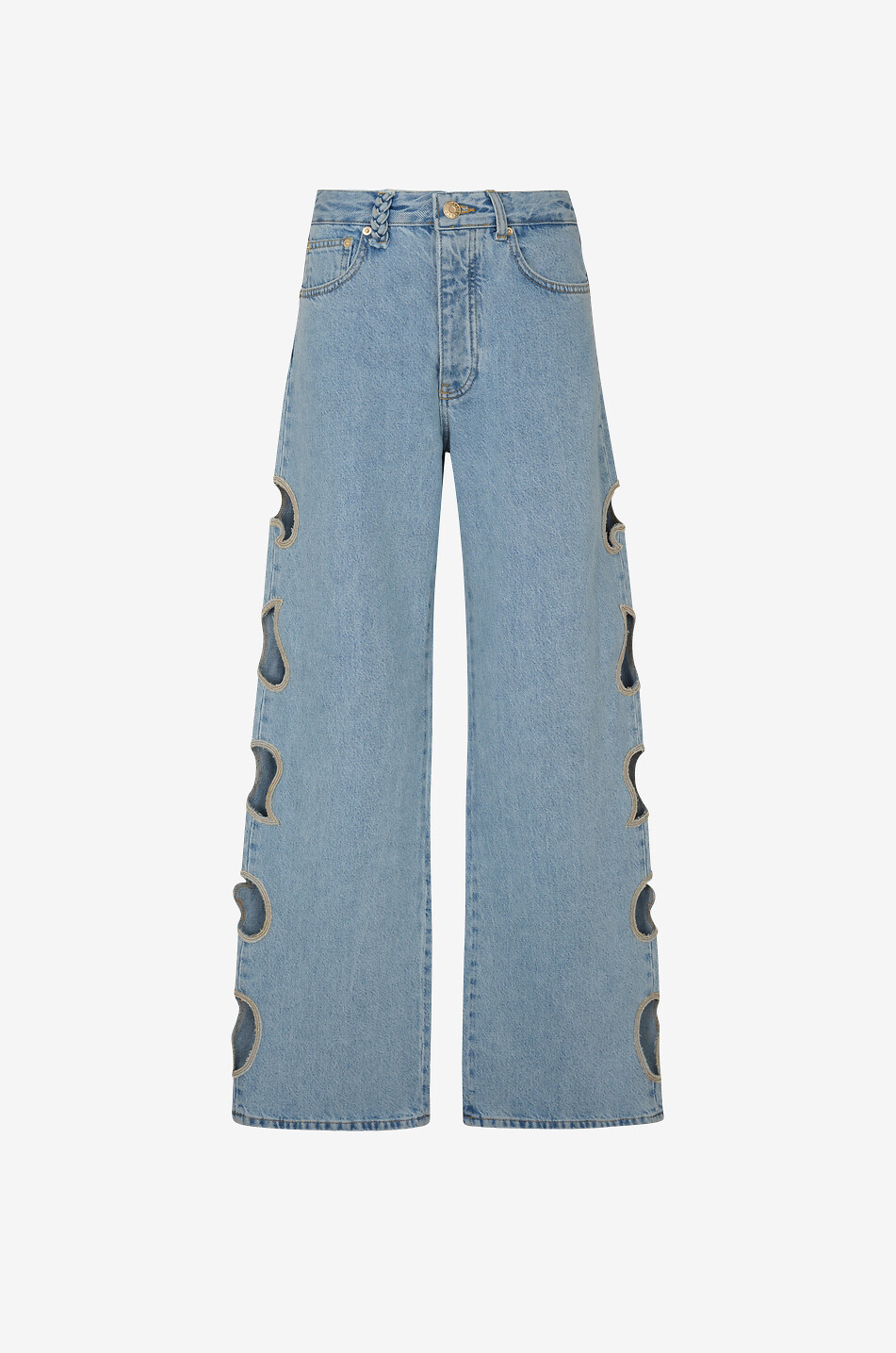 Paisley wide-leg denim jeans with cut-outs