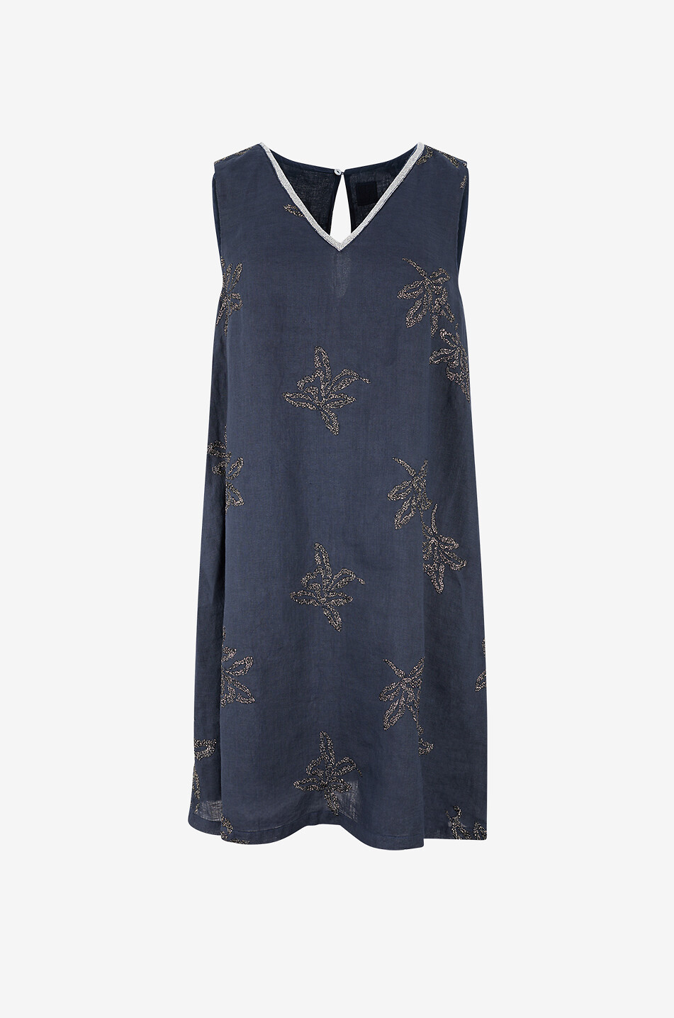 Short V-neck embroidered linen shift dress