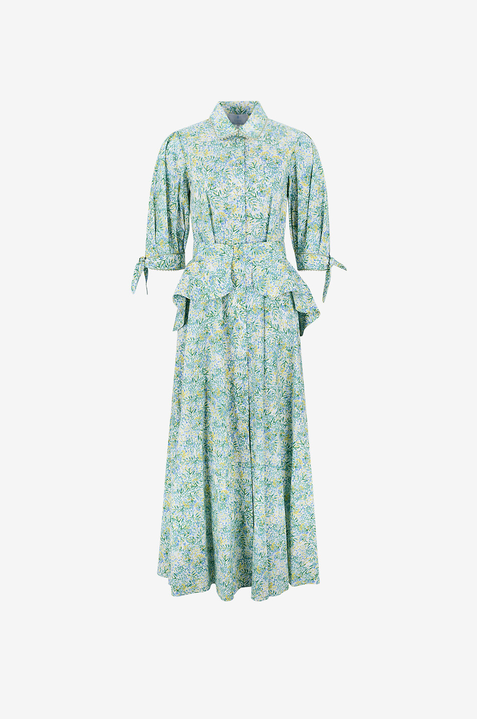 Long floral poplin shirt dress with removable peplum belt