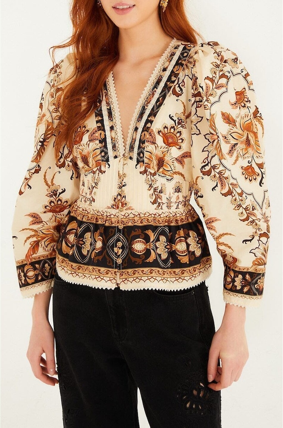 FARM RIO Blouse à basque et manches bouffantes en coton Majestic Garden Femme MULTICOLORE 3