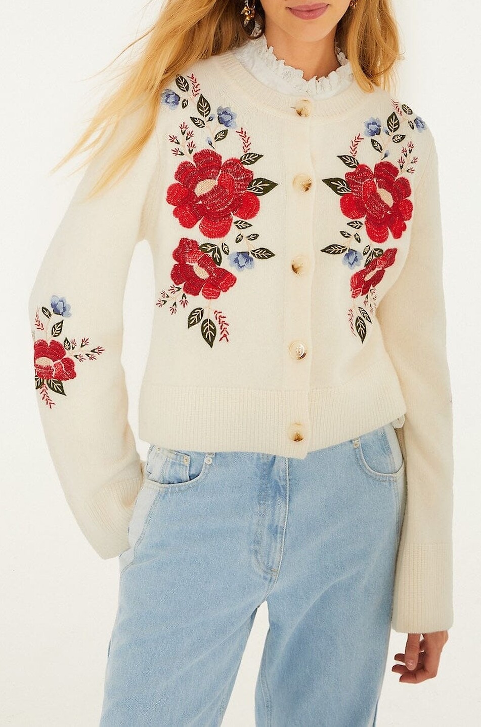 FARM RIO Flowers embroidered rib knit button-down cardigan Women EGGSHELL 3