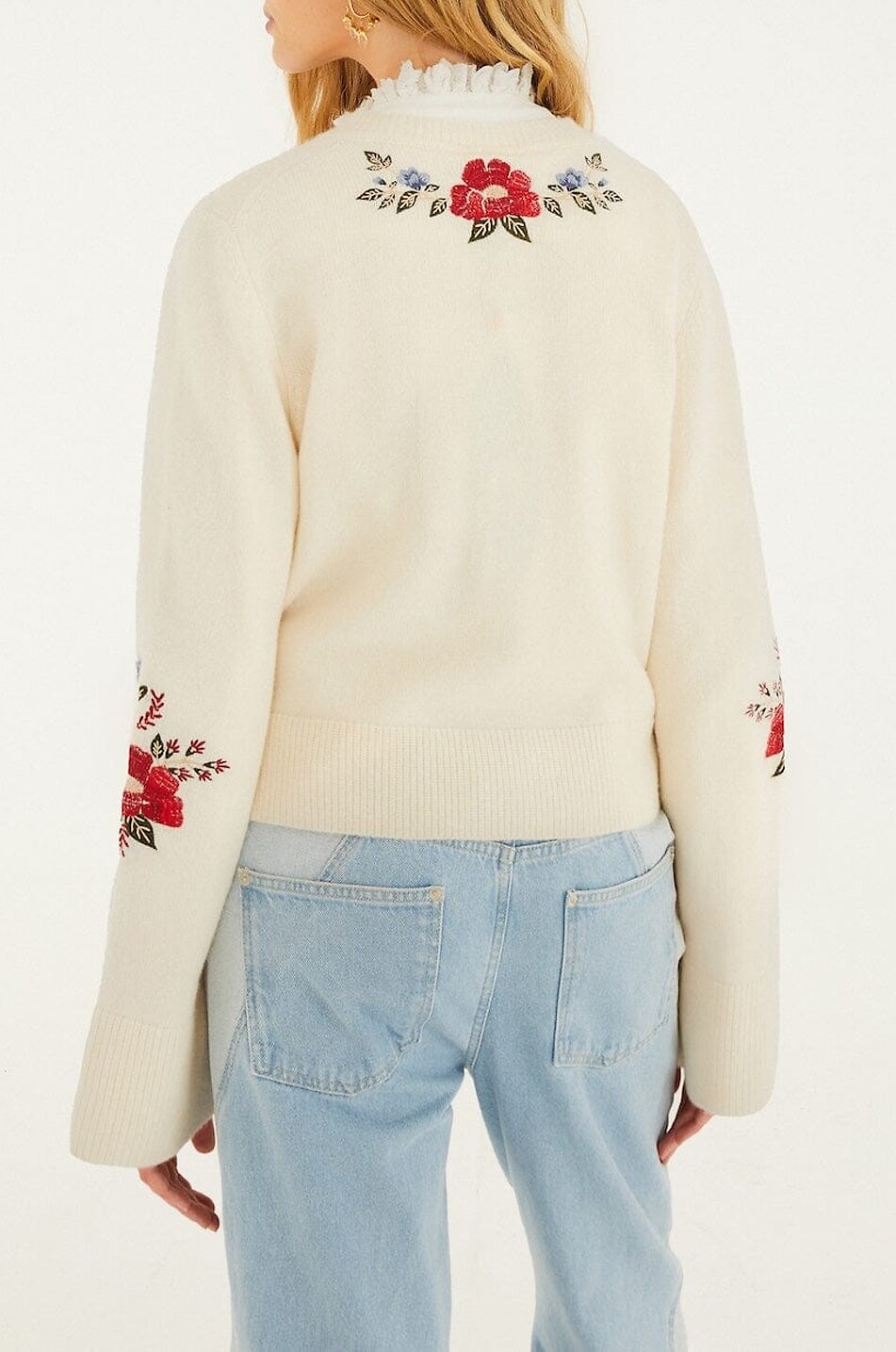 FARM RIO Flowers embroidered rib knit button-down cardigan Women EGGSHELL 4
