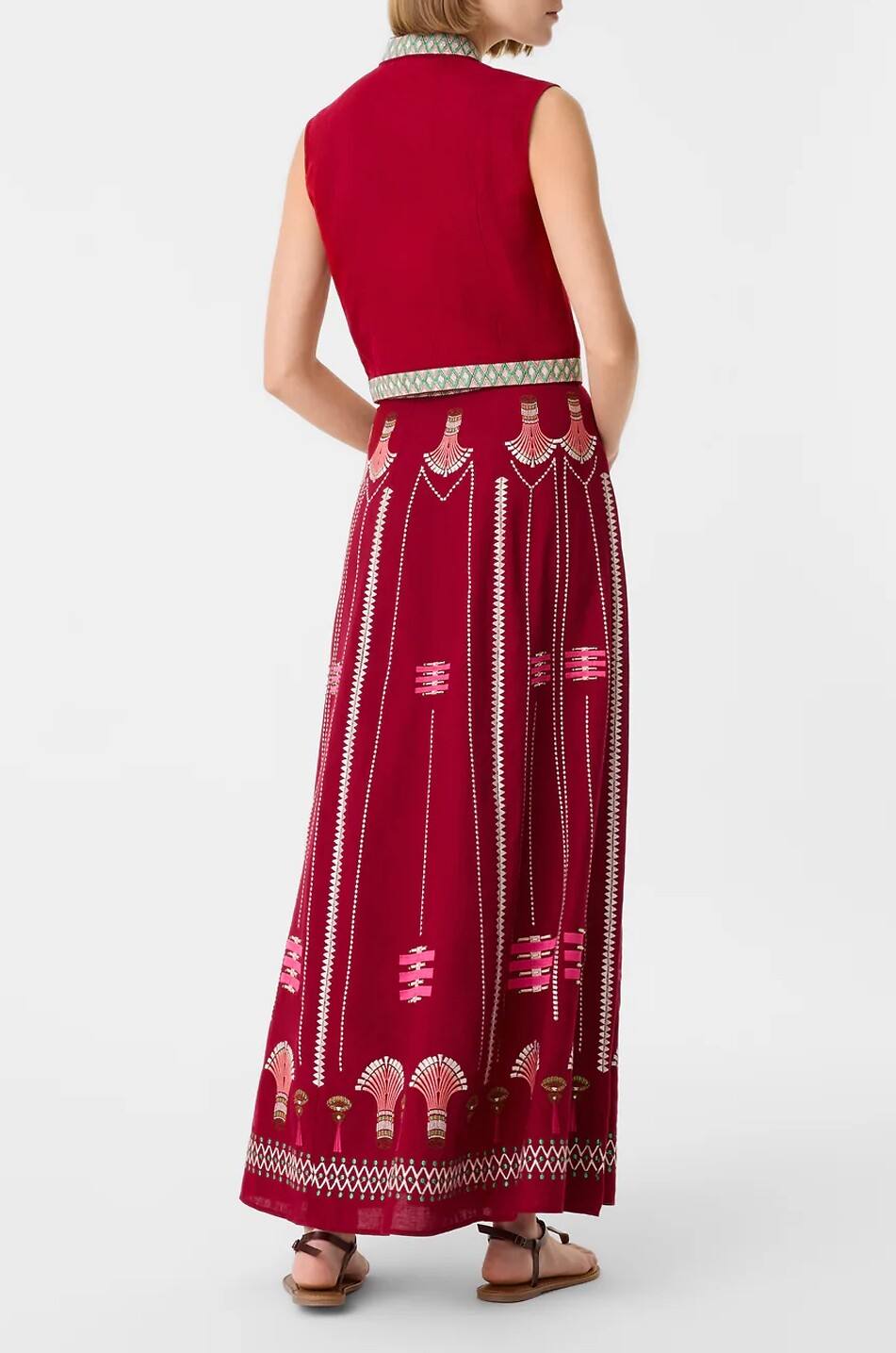 EMPORIO SIRENUSE Andorra embroidered linen and cotton mandarin collar waistcoat Women RED 3