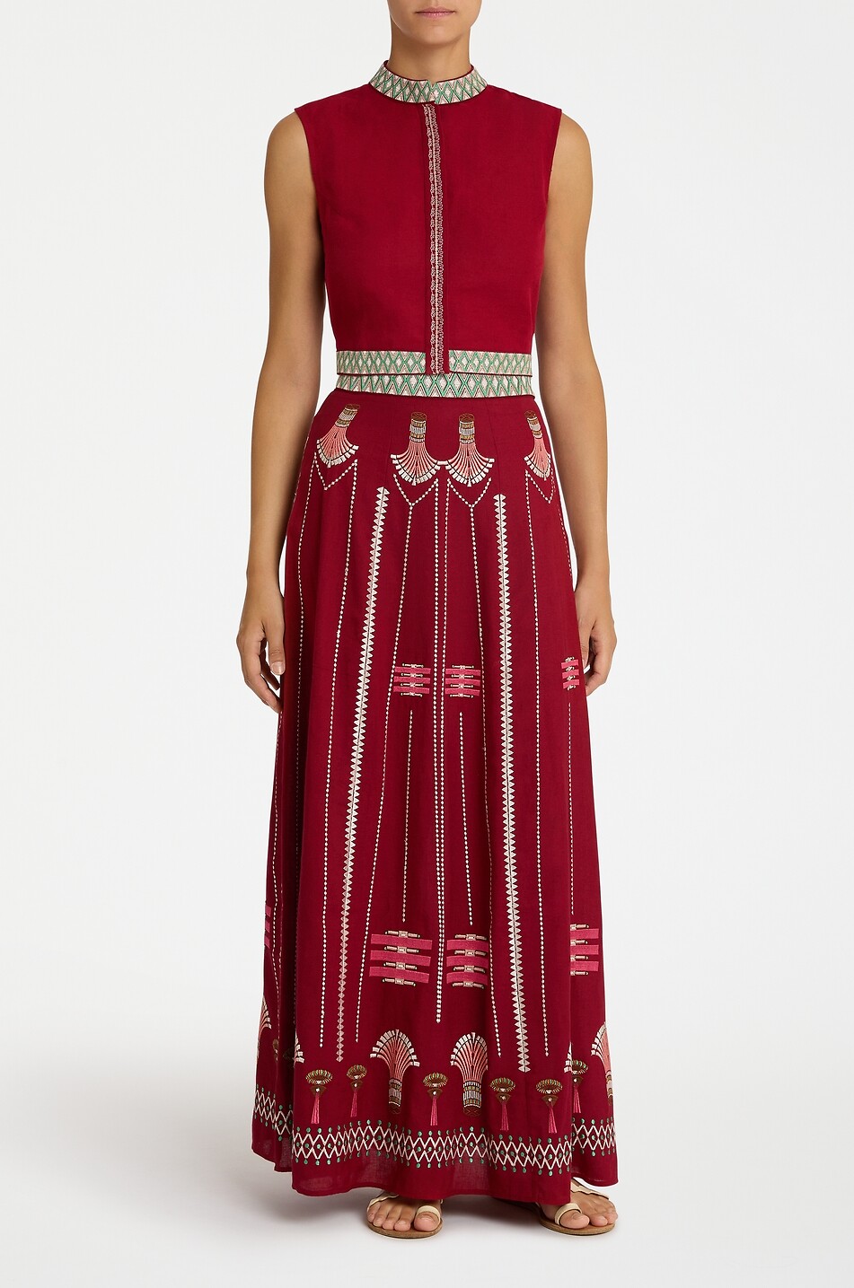 EMPORIO SIRENUSE Andorra embroidered linen and cotton mandarin collar waistcoat Women RED 2