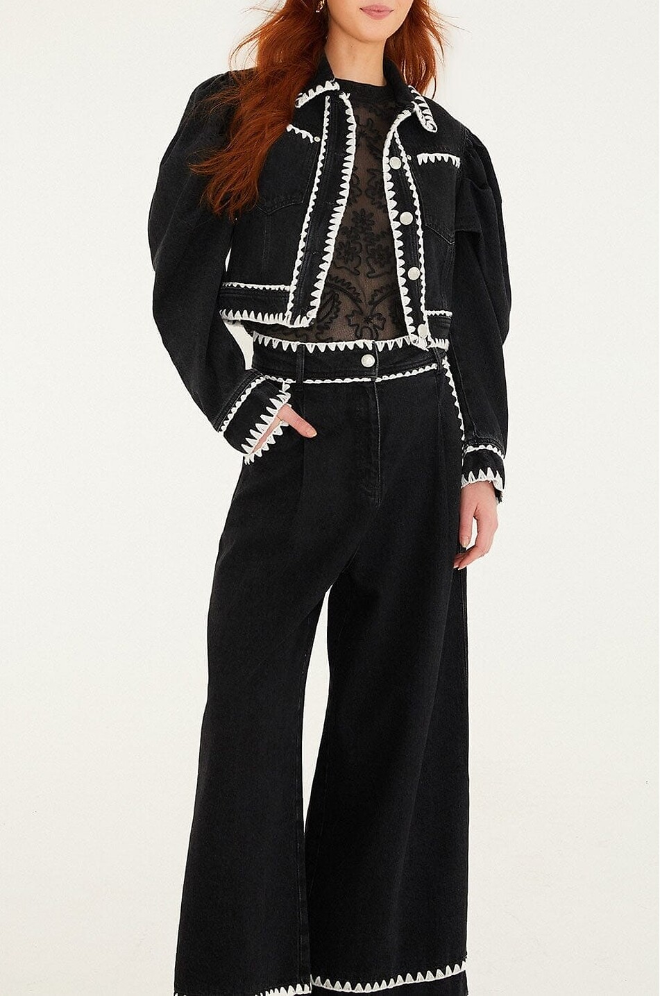 FARM RIO Romantic Crochet high-rise wide-leg jeans Women BLACK 4