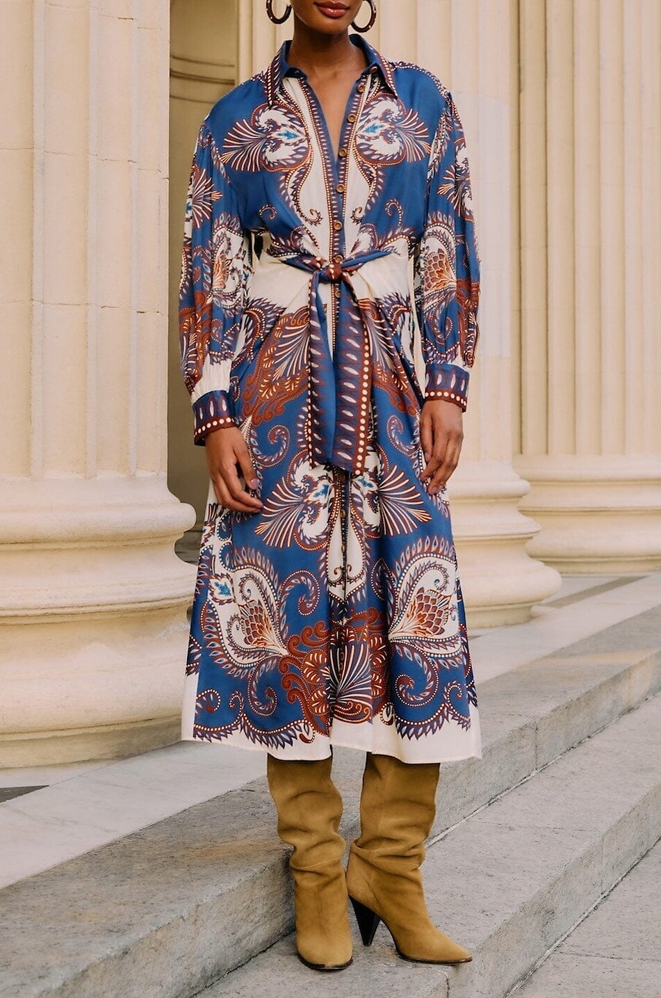 FARM RIO Arabesque Scarf printed midi shirt dress Women BLUE 3