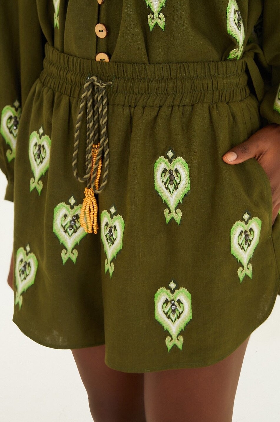 FARM RIO Short brodé en lin et viscose Heart Tapestry Femme VERT 3