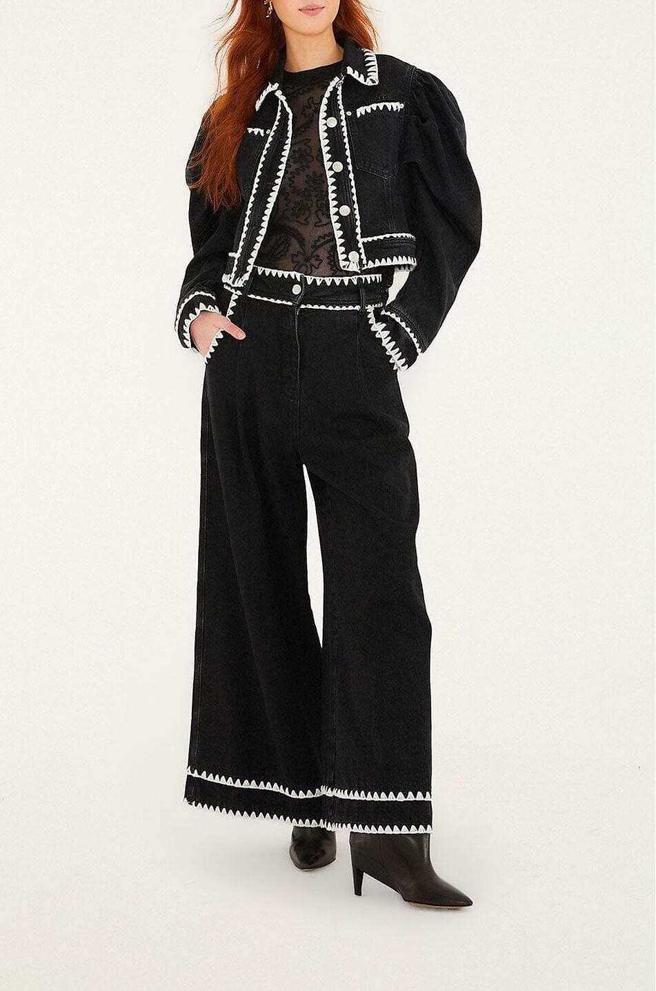 FARM RIO Romantic Crochet denim puff sleeve jacket Women BLACK 4