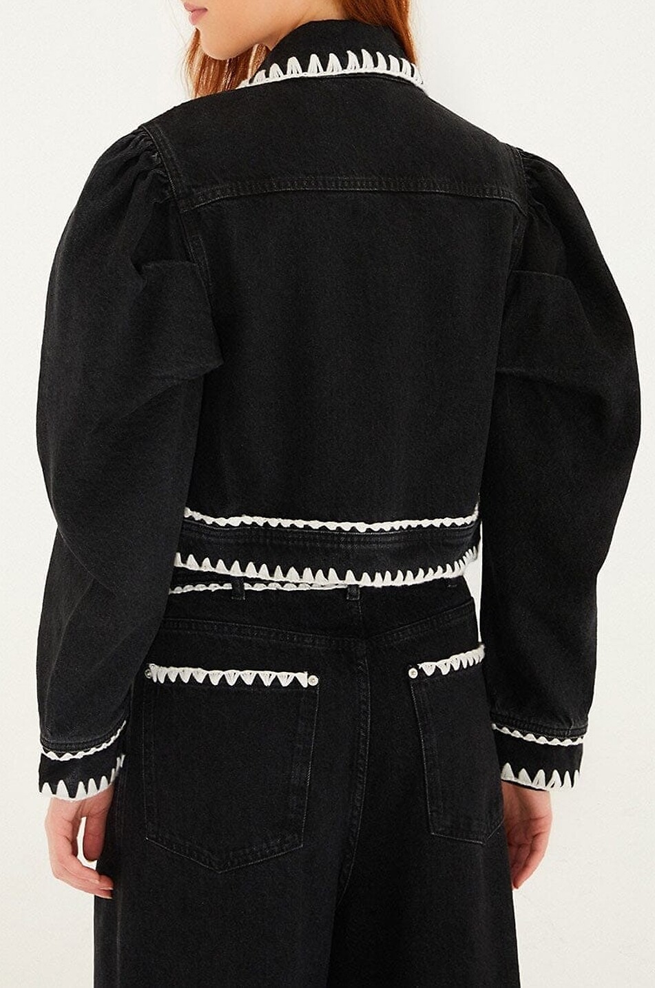 FARM RIO Romantic Crochet denim puff sleeve jacket Women BLACK 3