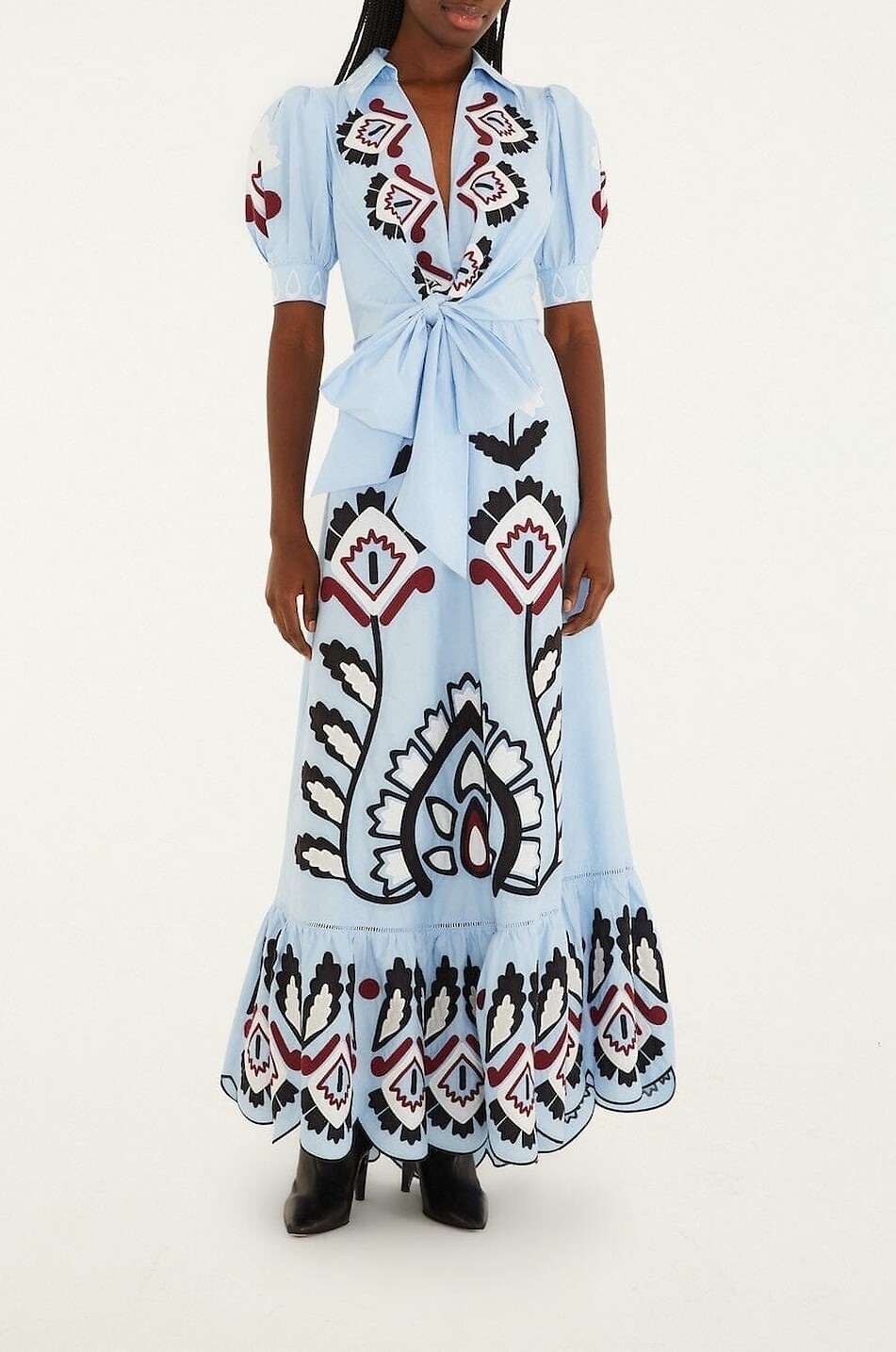 FARM RIO Blue Artisanal embroidered cotton maxi dress with puff sleeves Women LIGHT BLUE 4