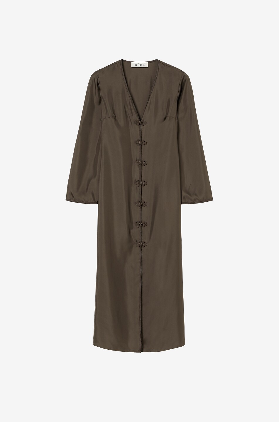 Long-sleeved V-neck silk dress with flared sleeves