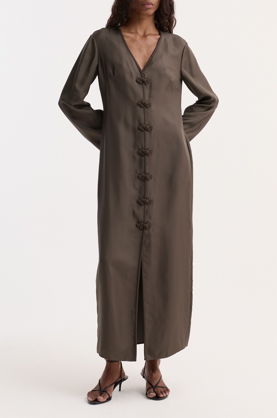 RÓHE Long-sleeved V-neck silk dress with flared sleeves Women DARK BROWN 2