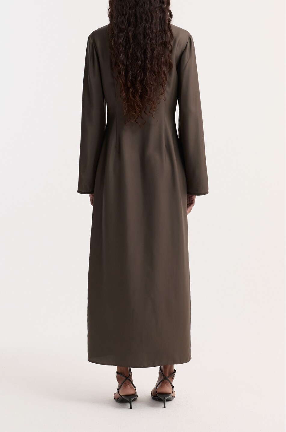 RÓHE Long-sleeved V-neck silk dress with flared sleeves Women DARK BROWN 3