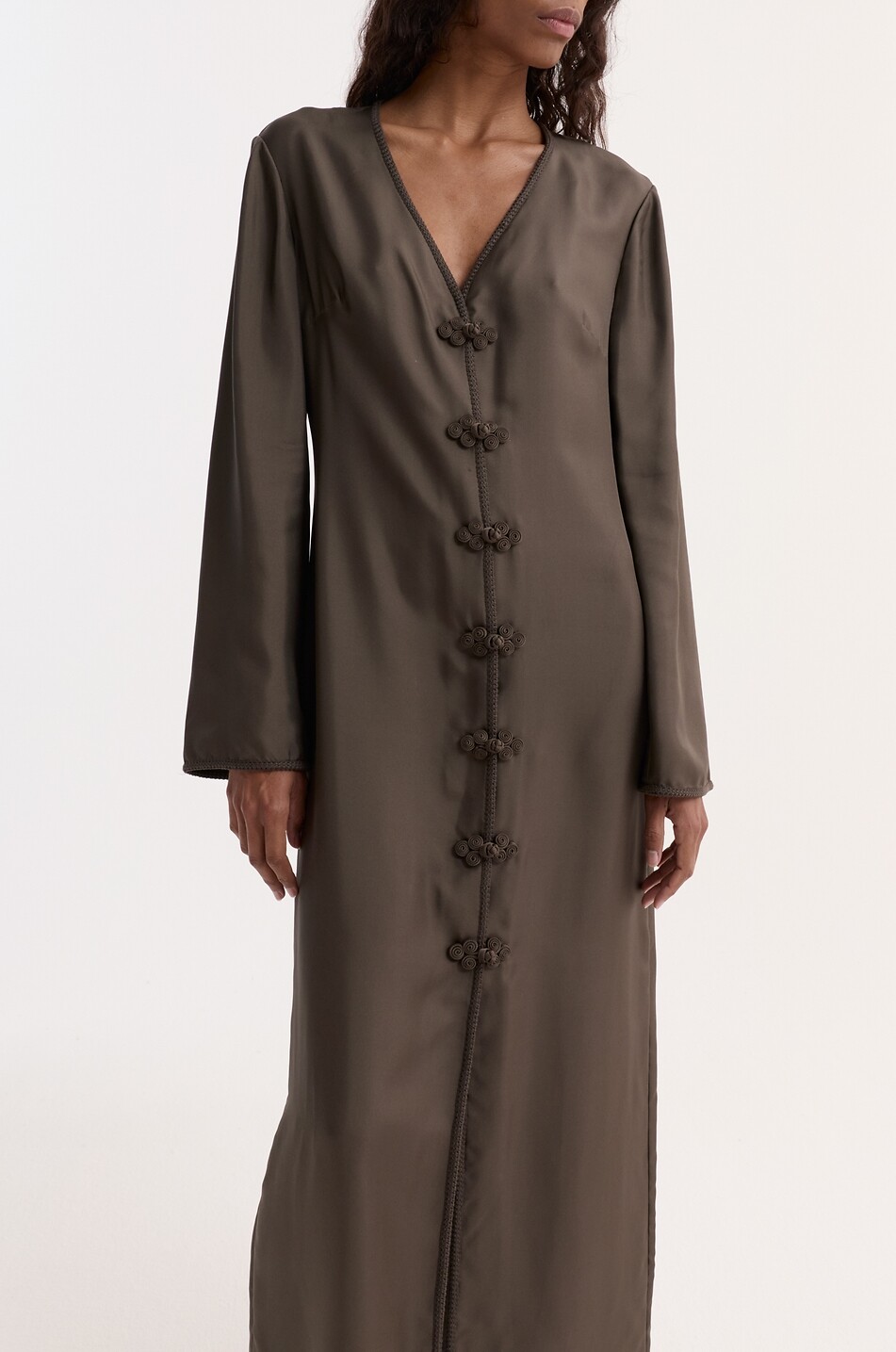 RÓHE Long-sleeved V-neck silk dress with flared sleeves Women DARK BROWN 5