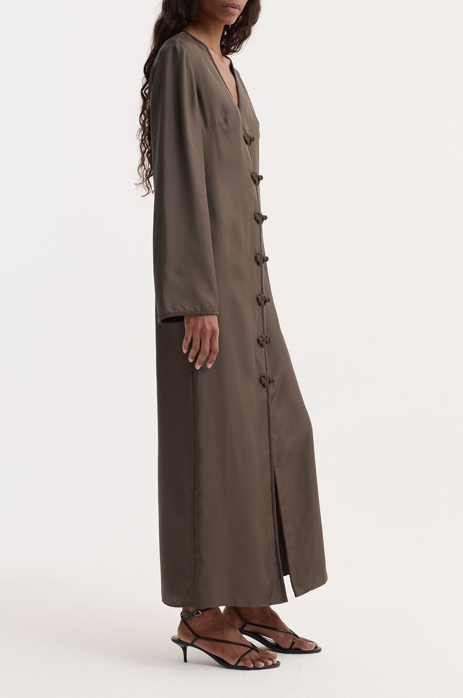 RÓHE Long-sleeved V-neck silk dress with flared sleeves Women DARK BROWN 6