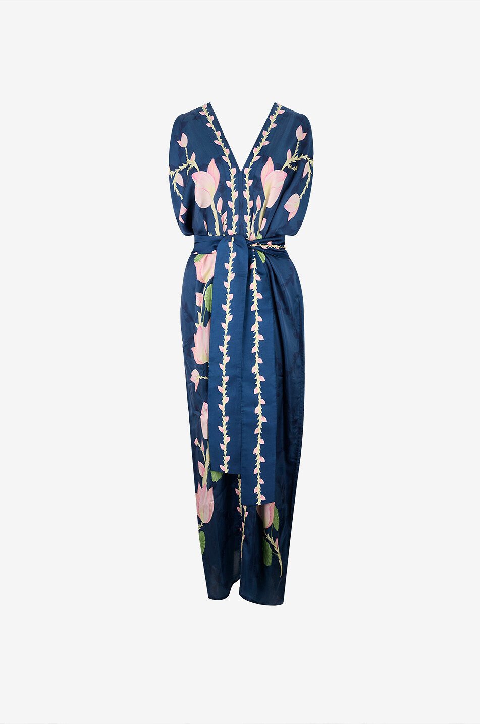 Blooming Lotus Silk Drape belted V-neck maxi dress