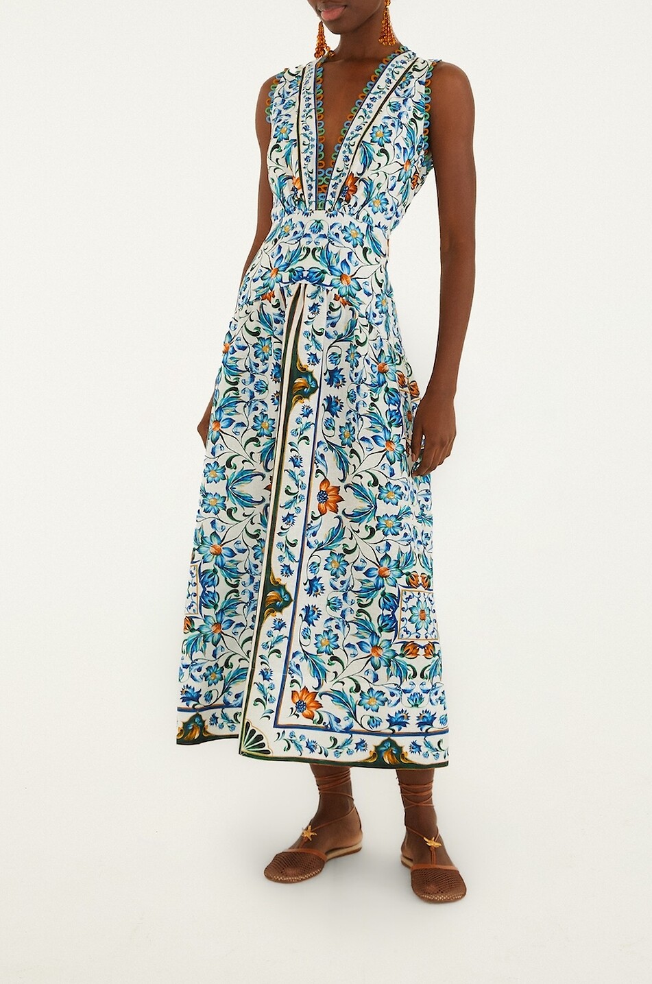 FARM RIO Langärmeliges tailliertes Kleid aus bedrucktem Leinen Flora Tile Damen BUNT 3