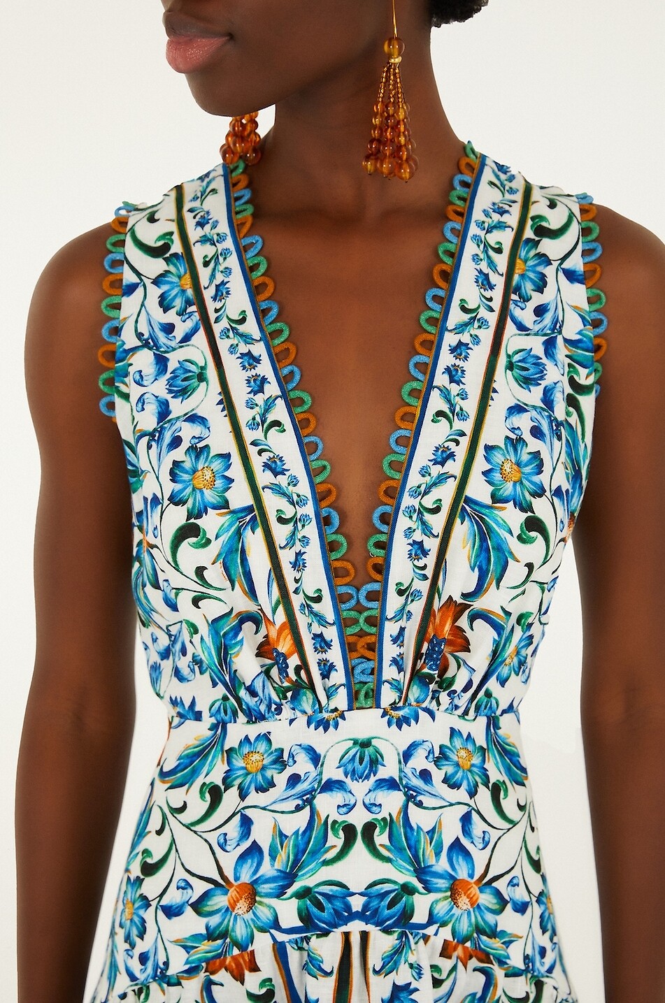 FARM RIO Langärmeliges tailliertes Kleid aus bedrucktem Leinen Flora Tile Damen BUNT 5