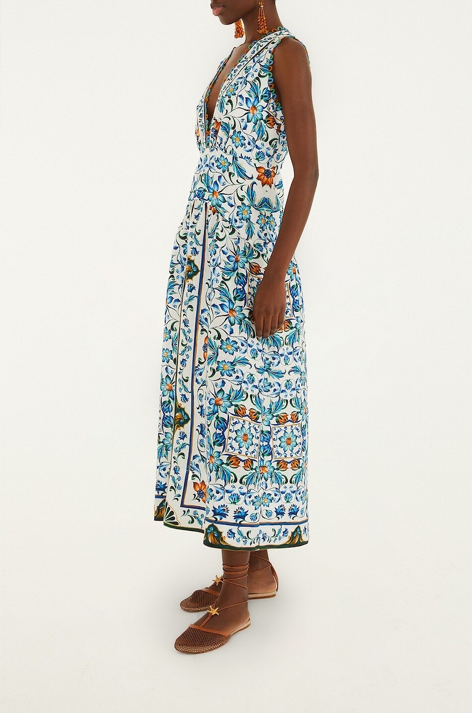 FARM RIO Langärmeliges tailliertes Kleid aus bedrucktem Leinen Flora Tile Damen BUNT 6