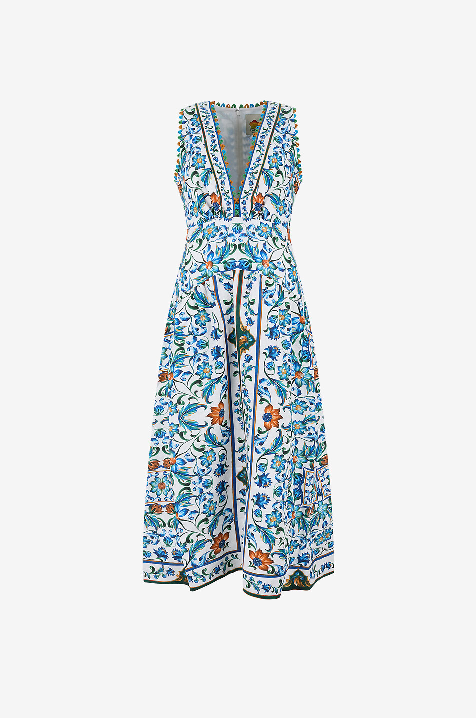 FARM RIO Langärmeliges tailliertes Kleid aus bedrucktem Leinen Flora Tile Damen BUNT 1