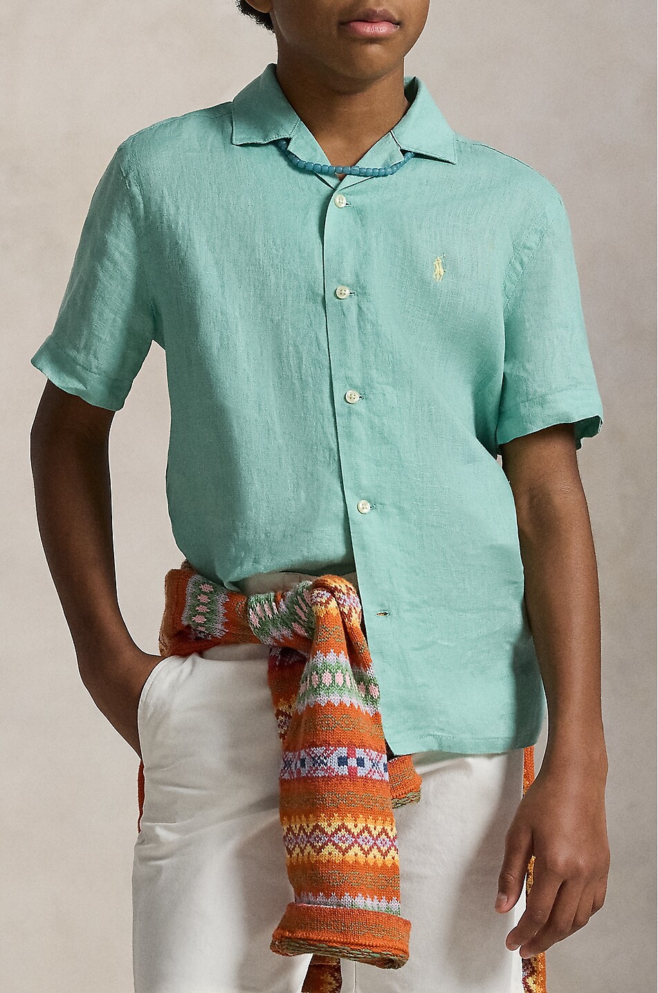 POLO RALPH LAUREN Pony linen short-sleeved boy's shirt Boy LIGHT GREEN 3