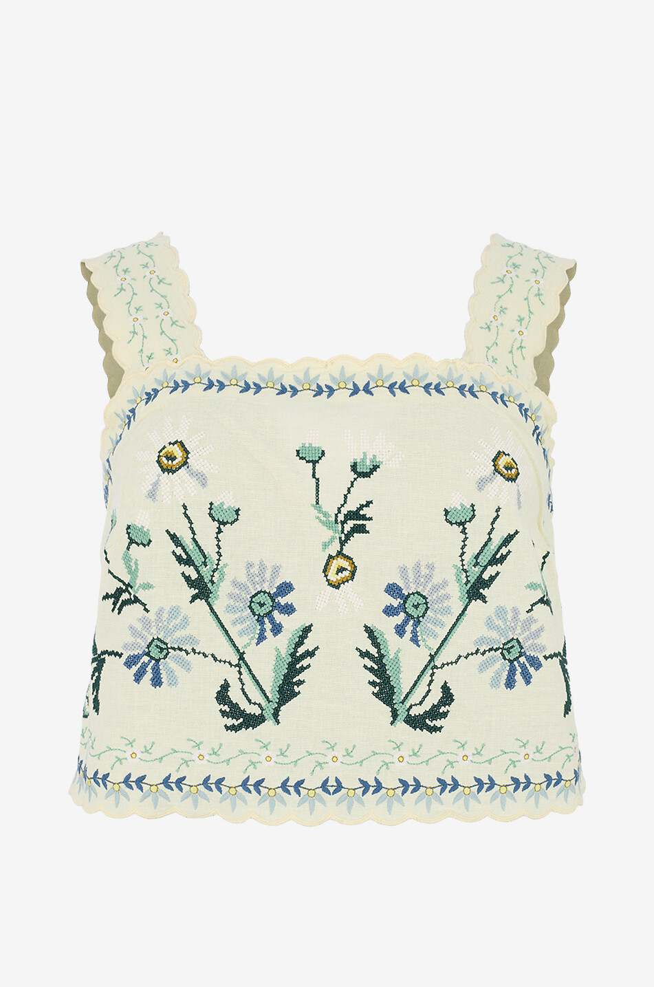 Stina geometric embroidered cotton and linen cami top - SEA