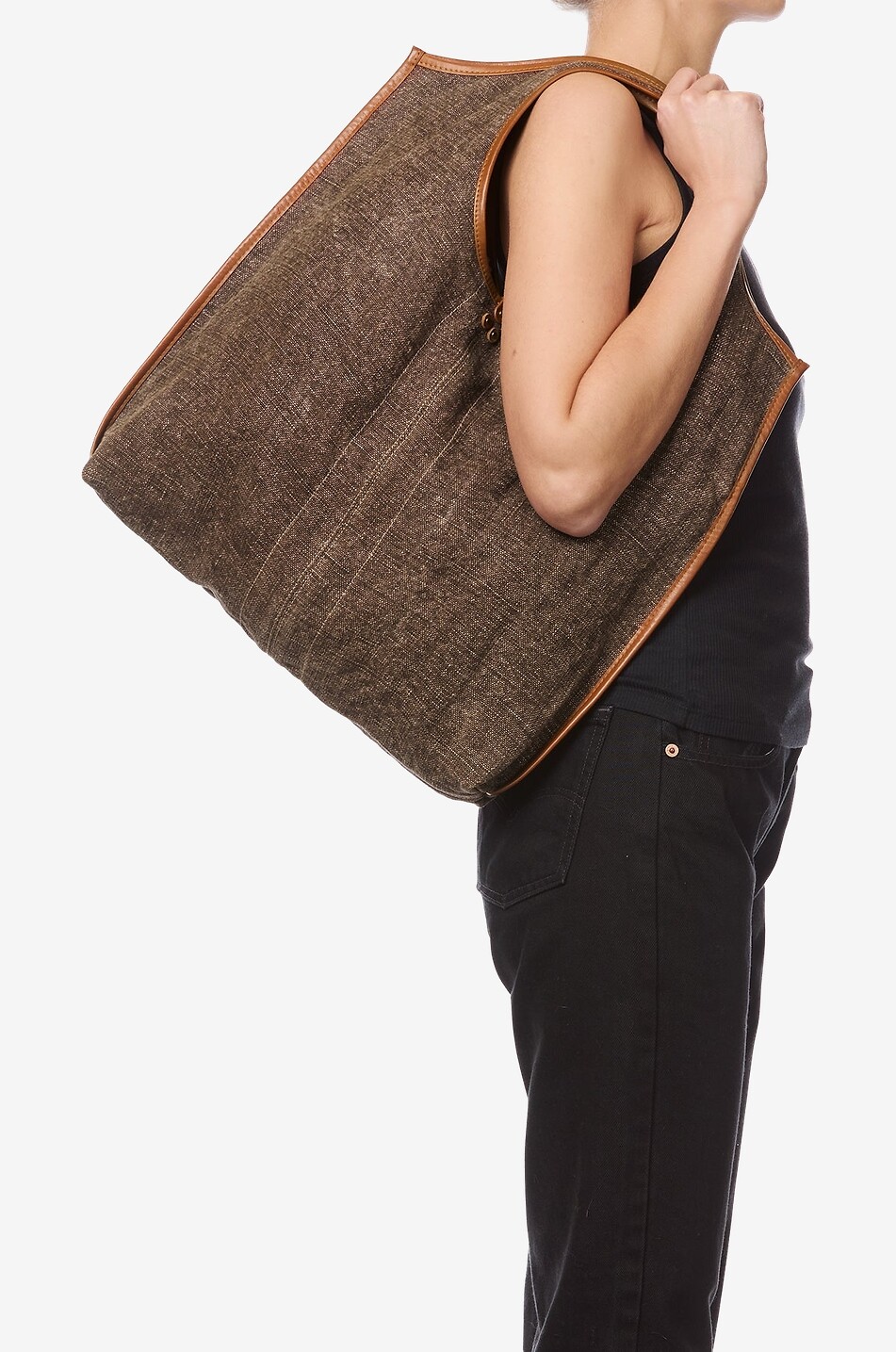 JEROME DREYFUSS Sac cabas en toile et cuir Paco Femme MARRON FONCÉ 3
