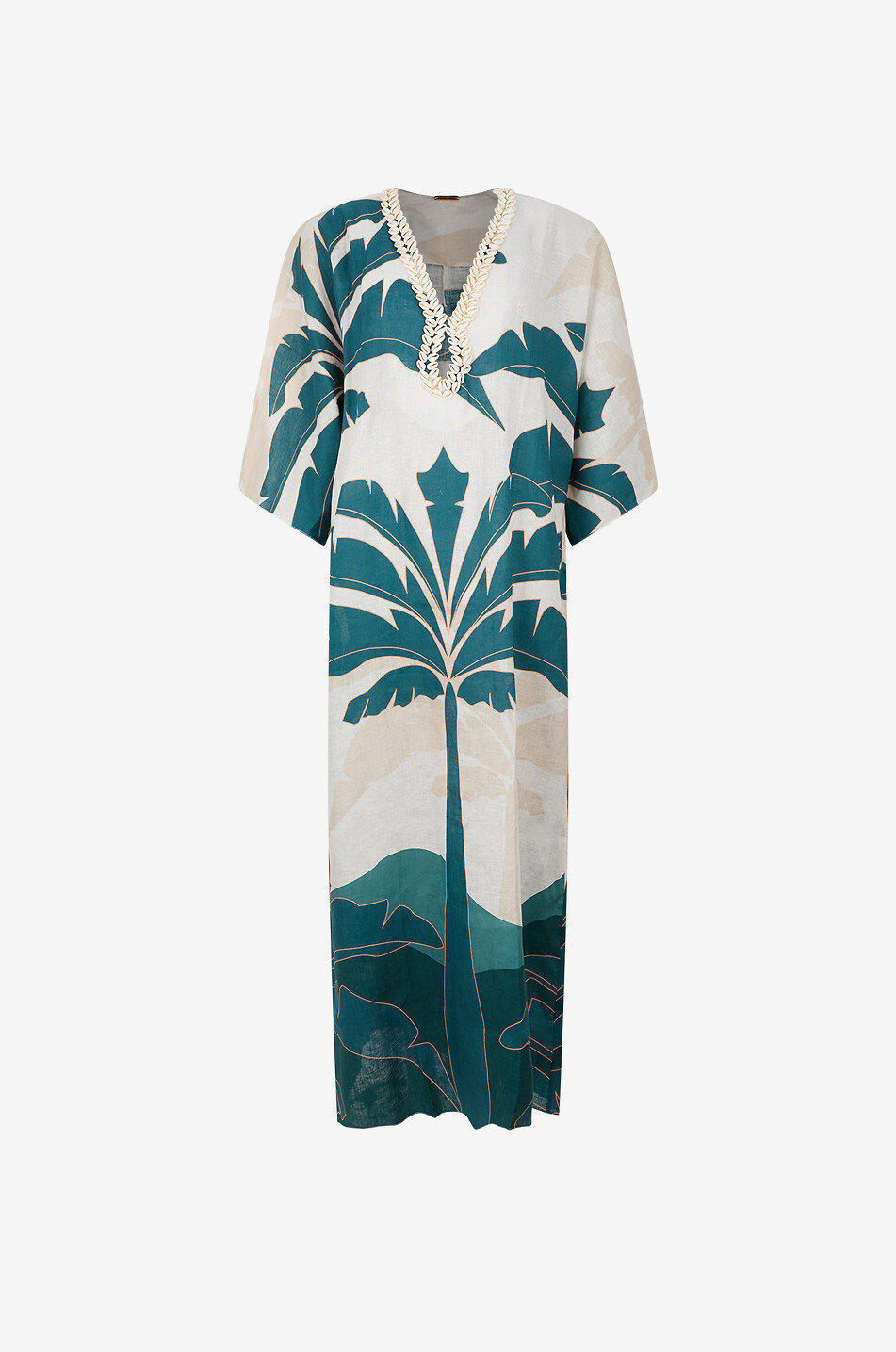 Andina palm-tree printed viscose V-neck long tunic dress