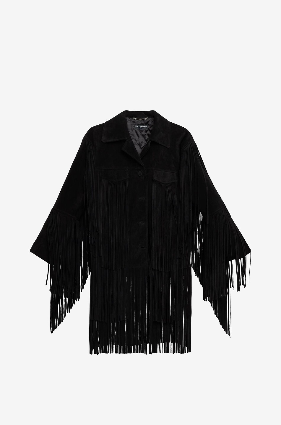 DOLCE & GABBANA Veste en cuir à franges en daim fluide mi-longue Femme NOIR 1