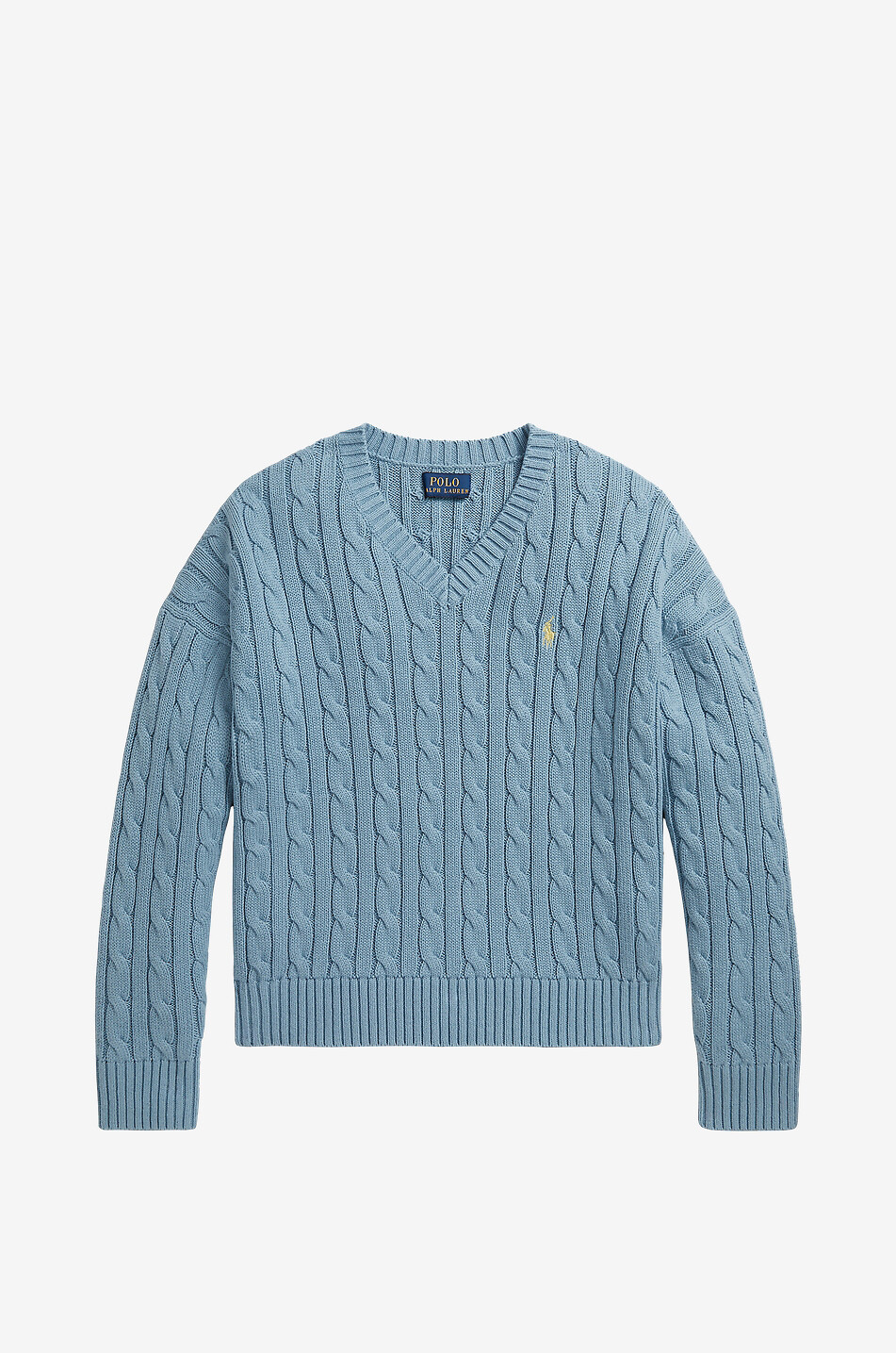 POLO RALPH LAUREN Pony cable-knit cotton V-neck jumper for girls Girl BLUE 1