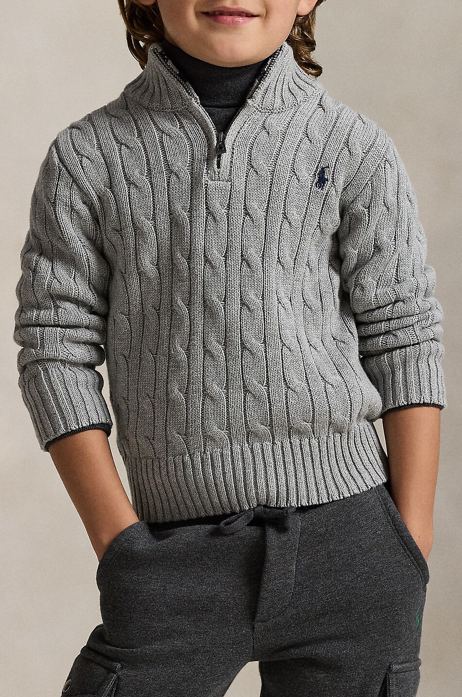 POLO RALPH LAUREN Pull torsadé en coton à col zippé garçon Pony Garçon GRIS 3