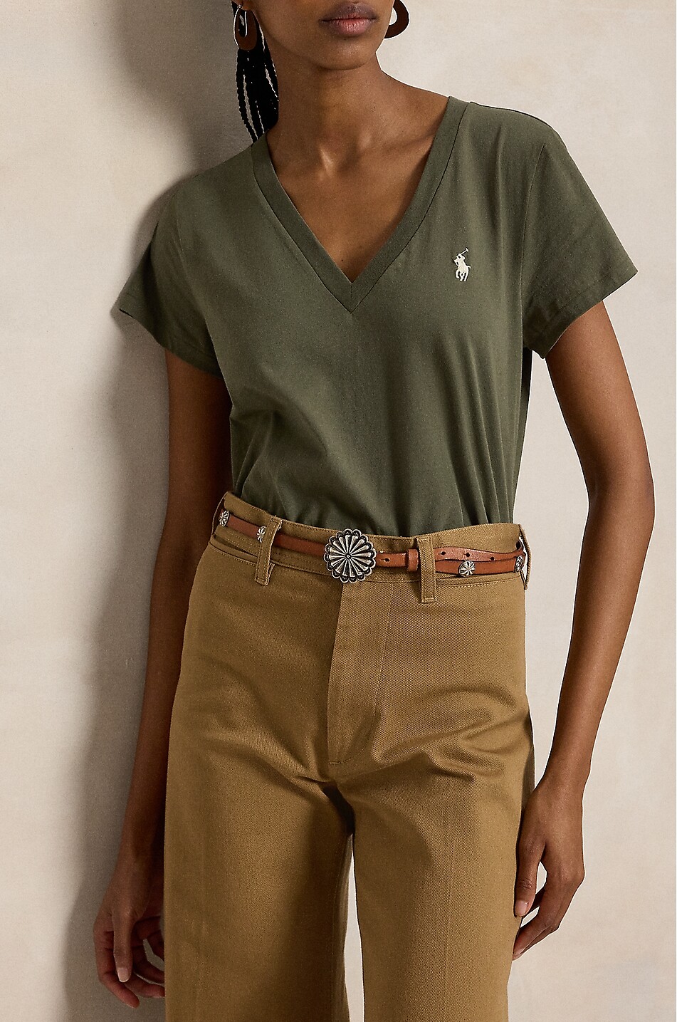 POLO RALPH LAUREN Pony cotton jersey V-neck short-sleeved T-shirt Women KHAKI 2