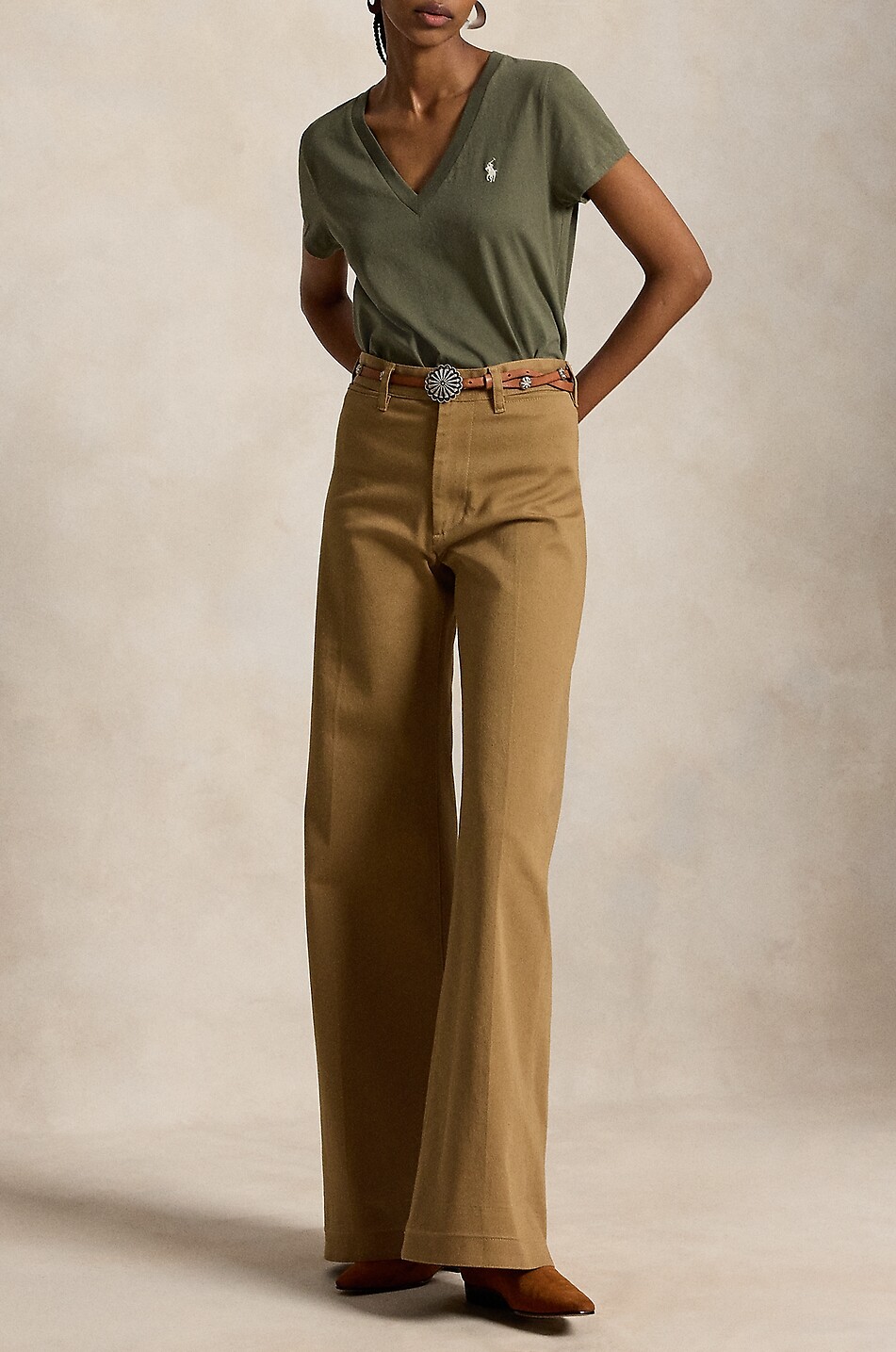 POLO RALPH LAUREN Pony cotton jersey V-neck short-sleeved T-shirt Women KHAKI 4
