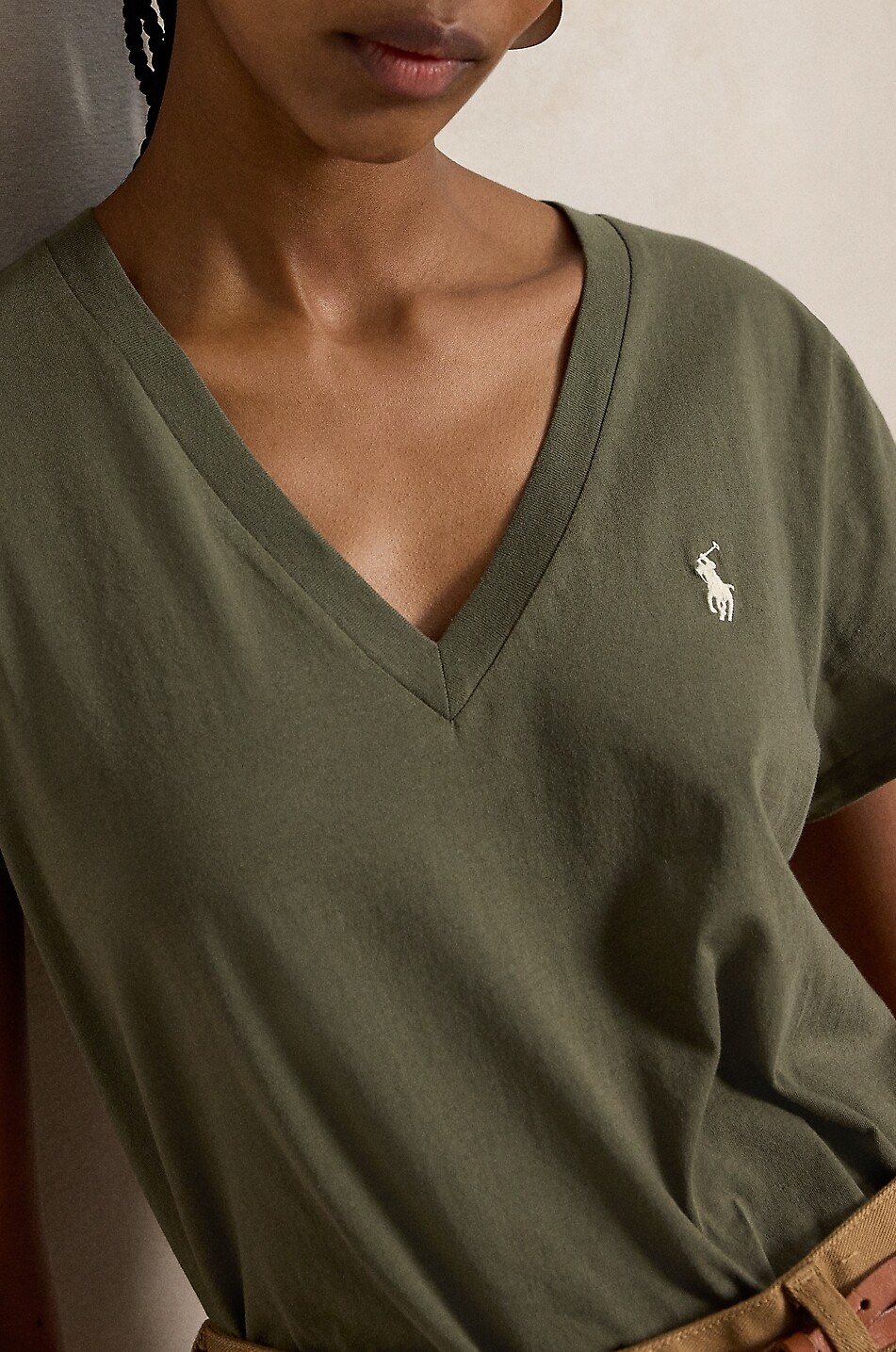 POLO RALPH LAUREN Pony cotton jersey V-neck short-sleeved T-shirt Women KHAKI 5