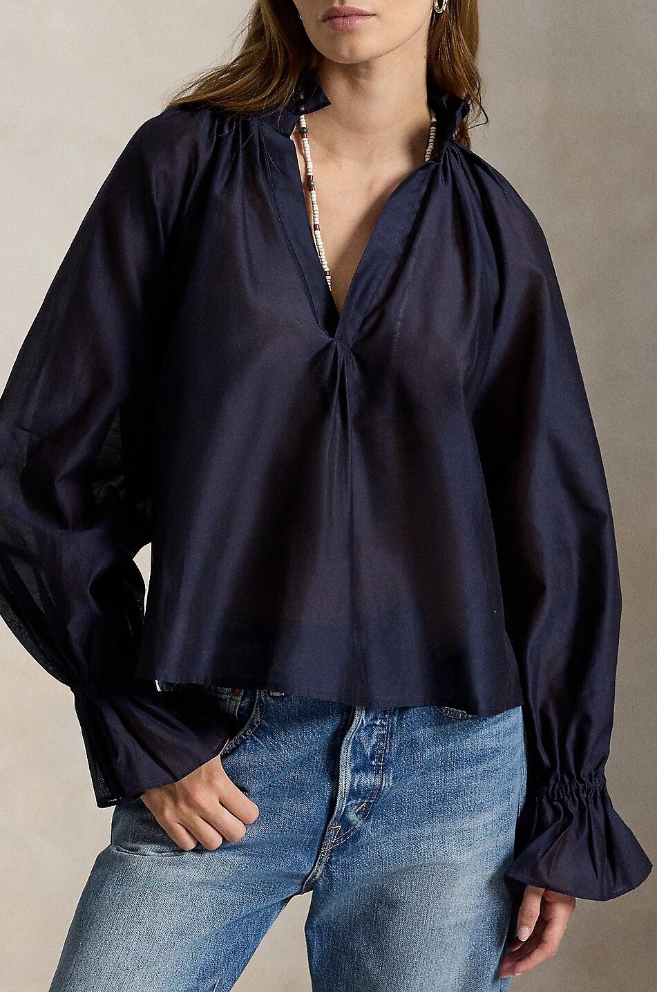POLO RALPH LAUREN A-line organza shirt with gathered high-neck Women DARK BLUE 2