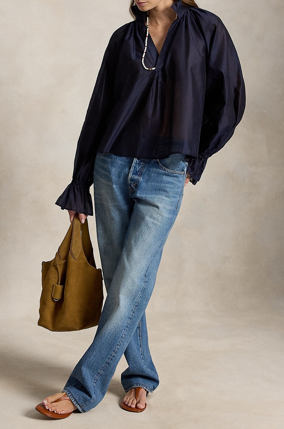 POLO RALPH LAUREN A-line organza shirt with gathered high-neck Women DARK BLUE 4
