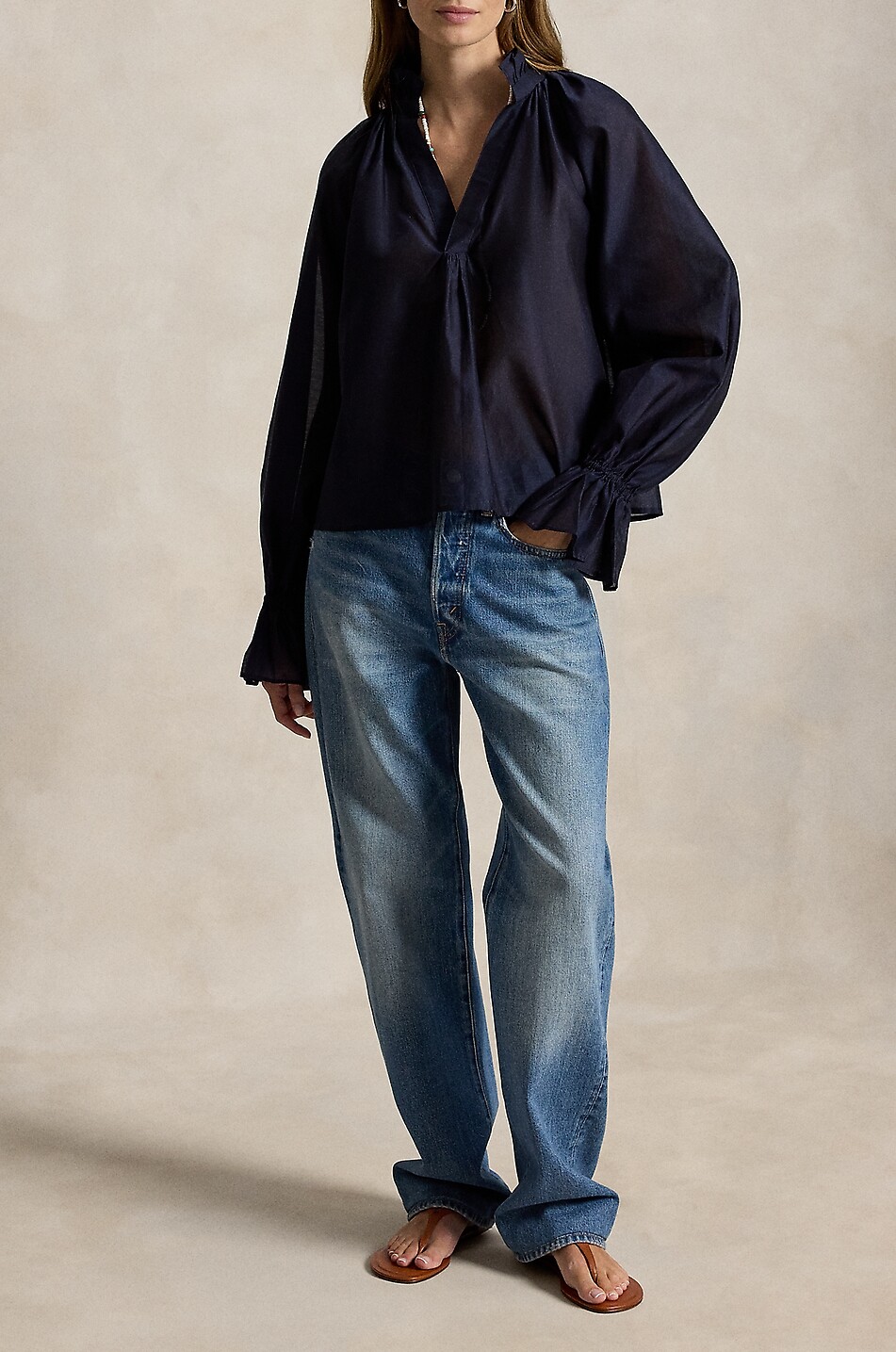 POLO RALPH LAUREN A-line organza shirt with gathered high-neck Women DARK BLUE 5