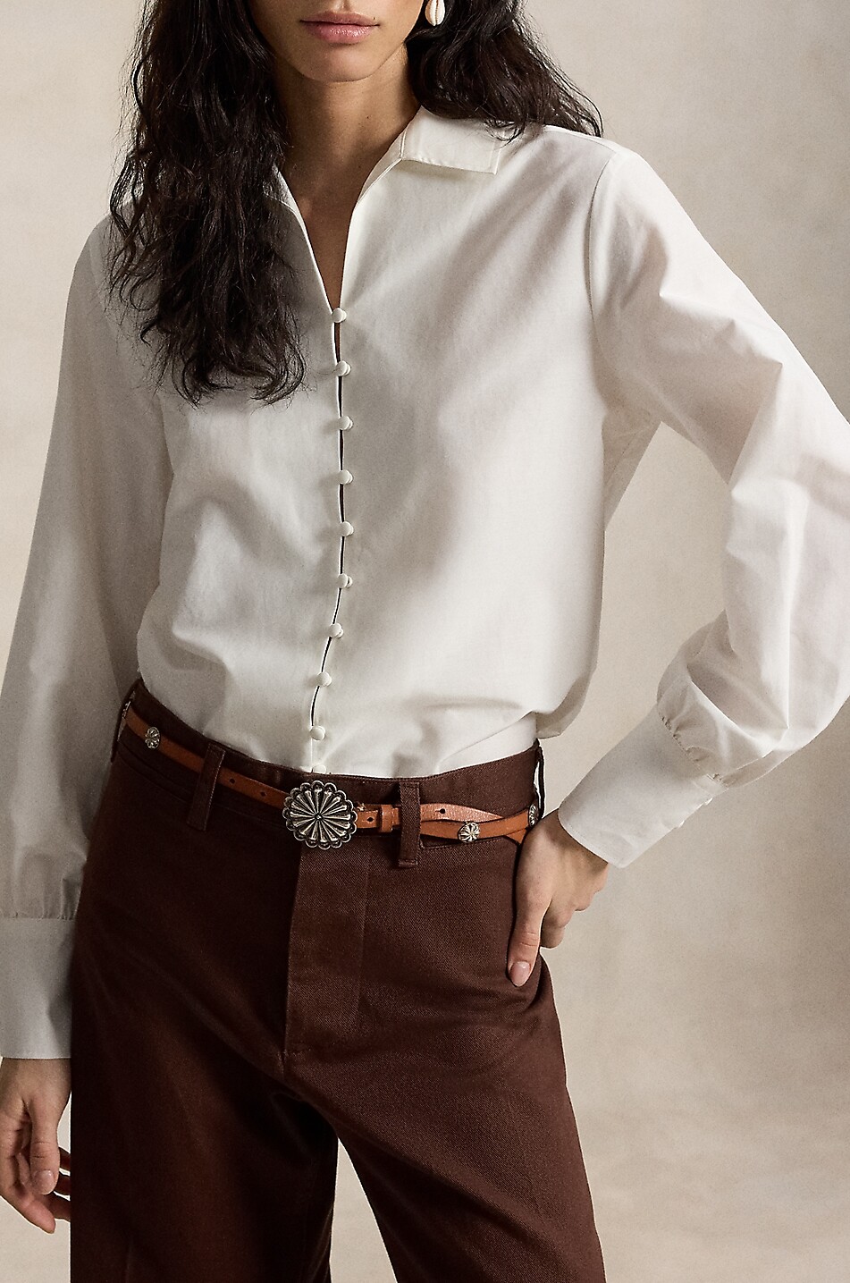 POLO RALPH LAUREN Chemise droite à manches longues en coton et soie Femme BLANC 2