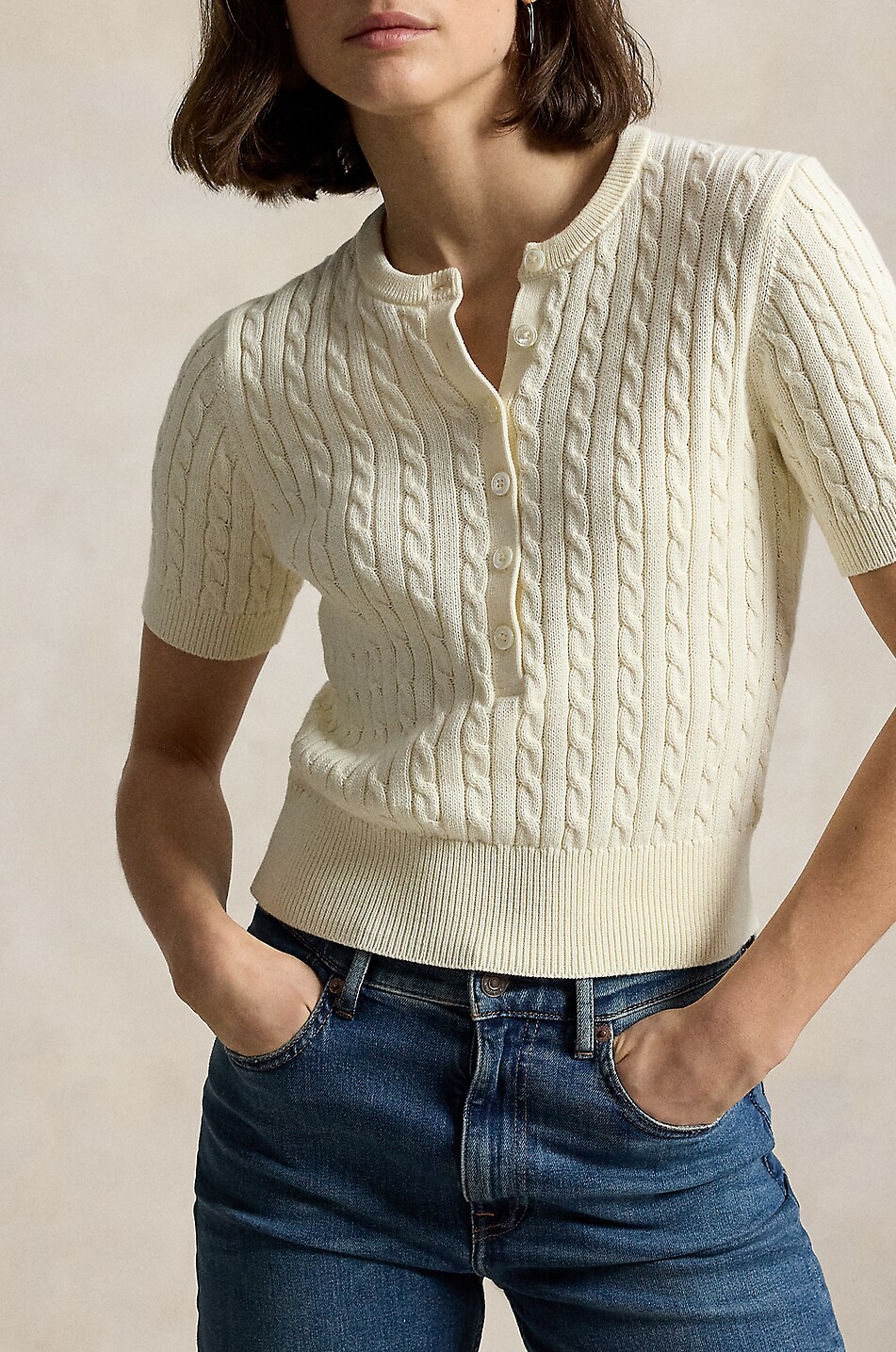 POLO RALPH LAUREN Pony short-sleeved Henley cable-knit cotton jumper Women EGGSHELL 2