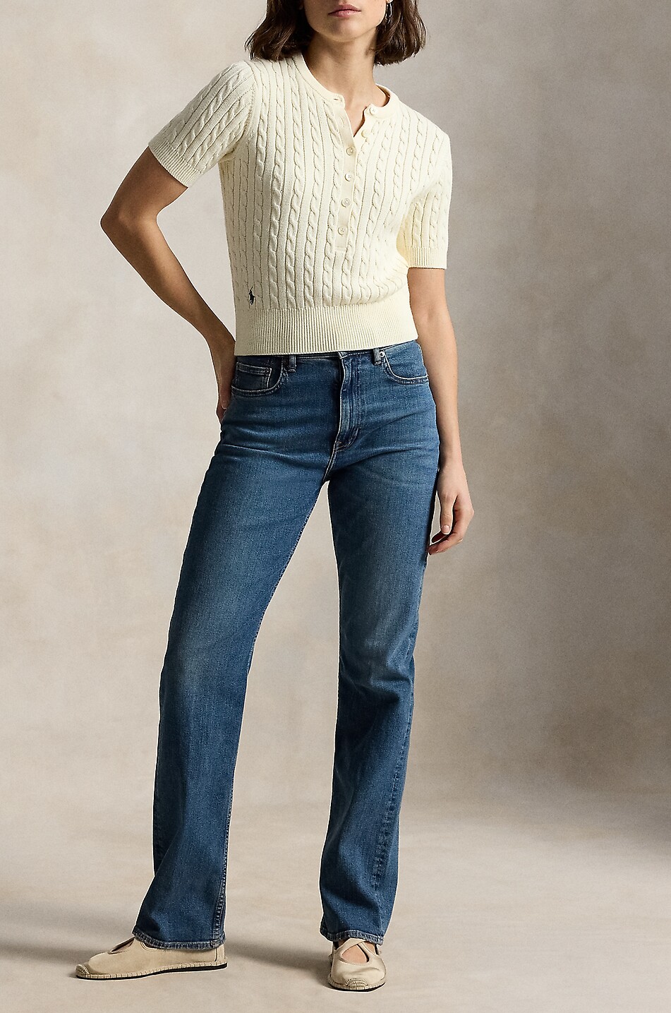POLO RALPH LAUREN Pony short-sleeved Henley cable-knit cotton jumper Women EGGSHELL 4