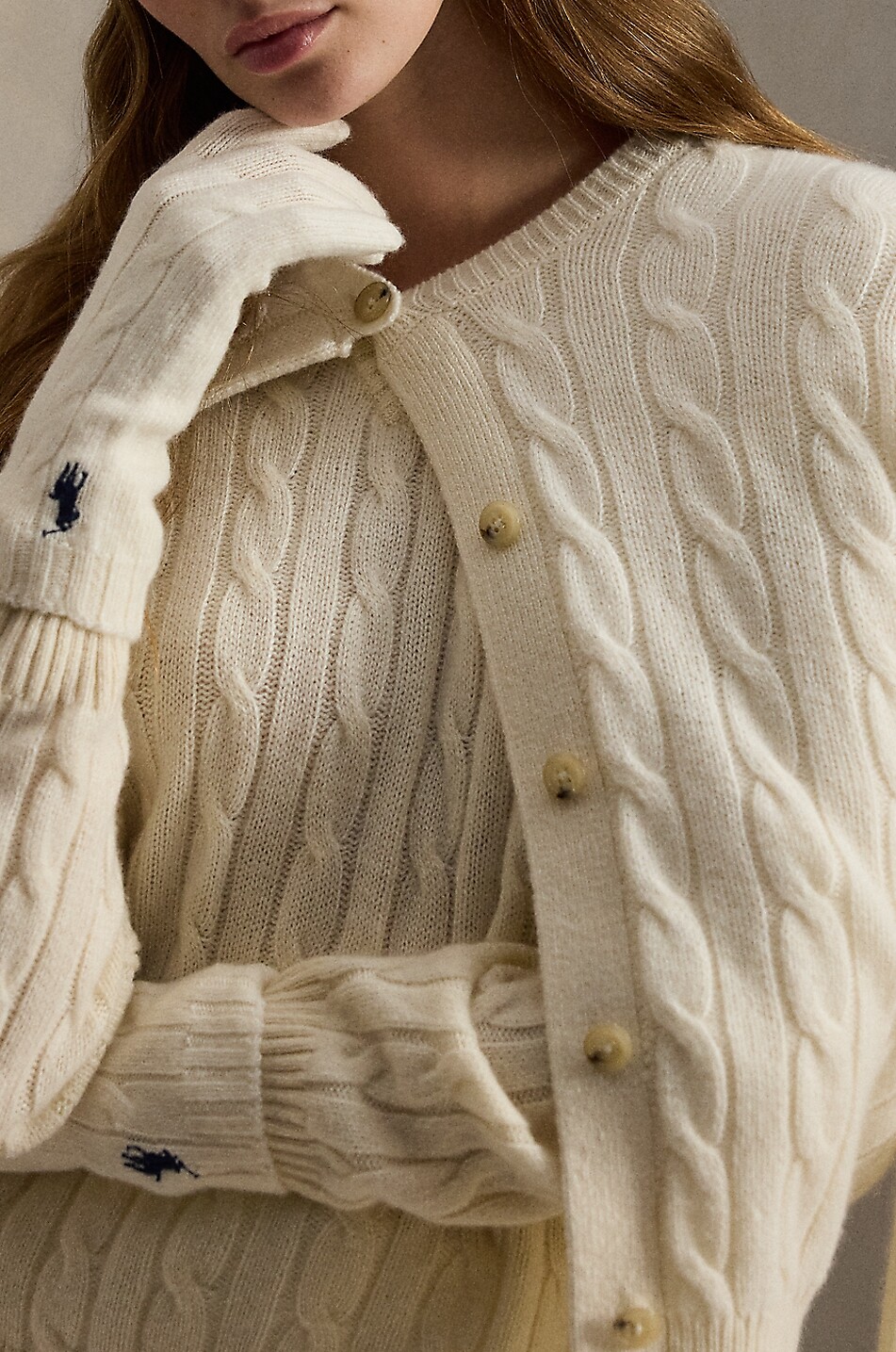 POLO RALPH LAUREN Bonnet torsadé en laine et cachemire Pony Femme BLANC CASSE 3