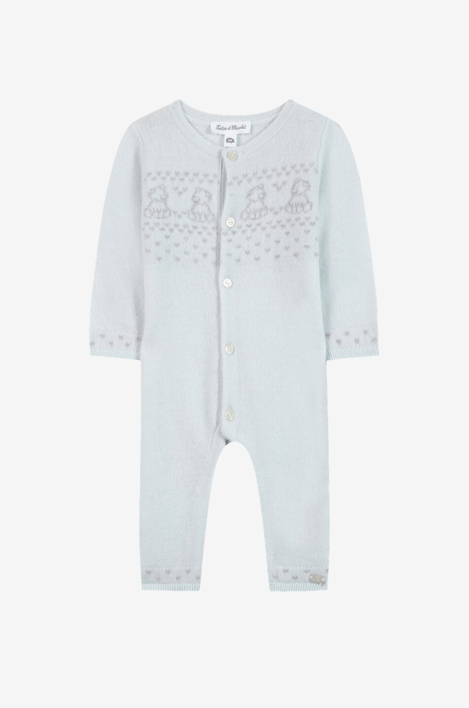 TARTINE ET CHOCOLAT Teddy bear patterned jacquard knit baby wool and cashmere jumpsuit Baby LIGHT BLUE 1