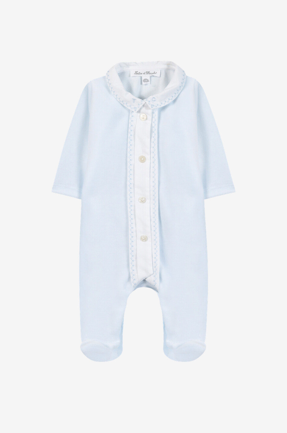 Bestickter Baby-Schlafanzug aus Baumwolle mit Bubikragen und Fussteilen
