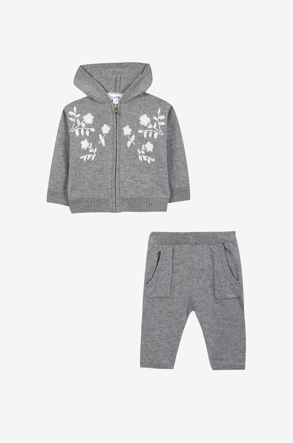 TARTINE ET CHOCOLAT Flower embroidered baby wool and cashmere knit jogging suit Baby GREY 1