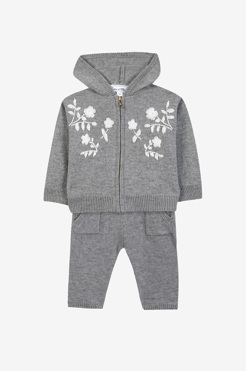 TARTINE ET CHOCOLAT Flower embroidered baby wool and cashmere knit jogging suit Baby GREY 2