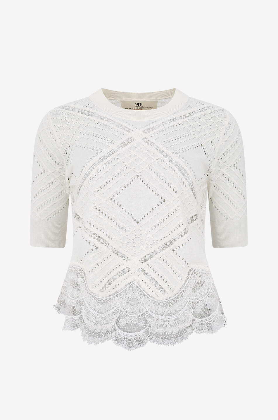 Pull à manches courtes orné de dentelle en soie et coton