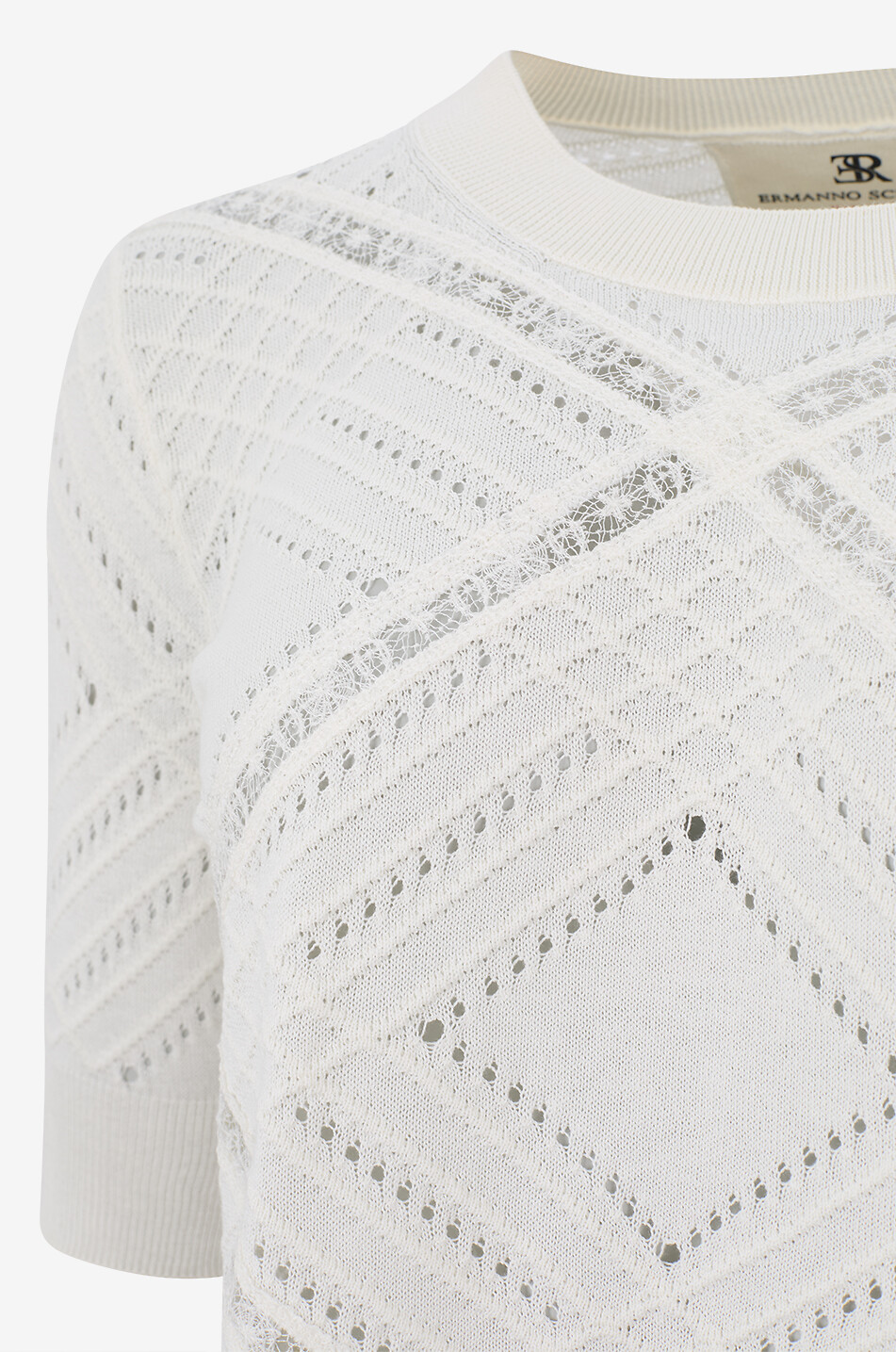 ERMANNO SCERVINO Pull à manches courtes orné de dentelle en soie et coton Femme BLANC 3